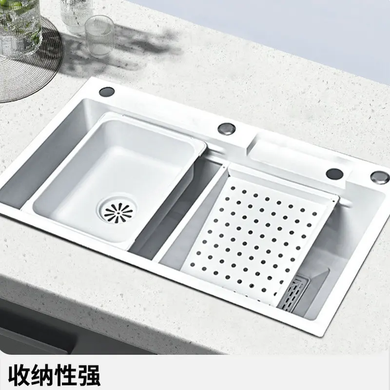 المطبخ المنزلي 304 حوض أبيض من الفولاذ المقاوم للصدأ مجهز بالكامل بصنبور شلال المطر وحوض خضروات متكامل