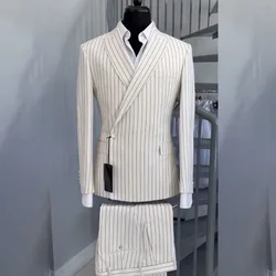 Costume chic 2 pièces blanc à rayures pour hommes, un bouton, revers Patricia, tenue de bureau, slim 03 décontracté, imbibé (blazer + pantalon)