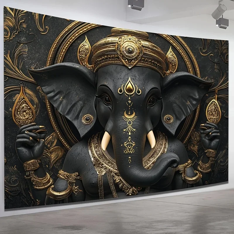 VIKAMA Hindu Elephant God Wall Hanging, Vintage Golden Ganesha Ornament Tapestry, Lightweight Spiritual Wall Cloth Indoor Decor