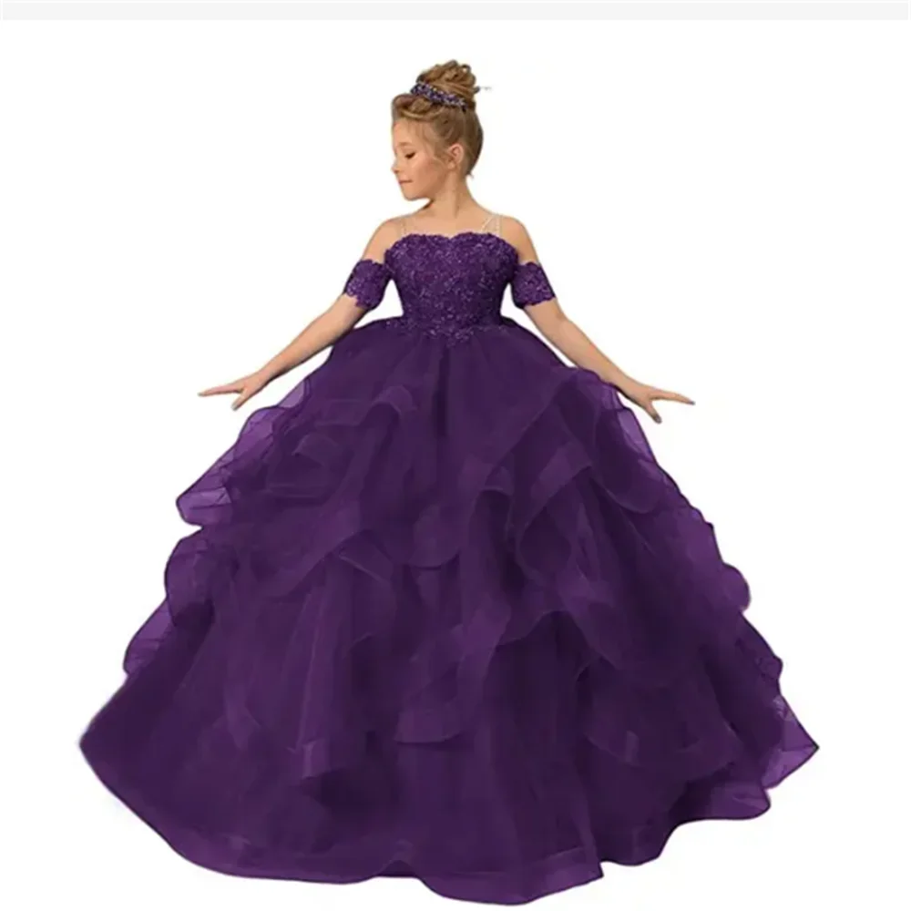 Elegante inchado vestido da menina de flor tule em camadas apliques manga curta para festa aniversário casamento banquete vestidos princesa banquete