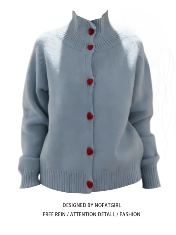 

Вязаный кардиган большого размера с высоким воротником на пуговицах, мягкий, уютный, с узором в виде сердец, женский осенне-зимний свитер, повседневный, свободный крой