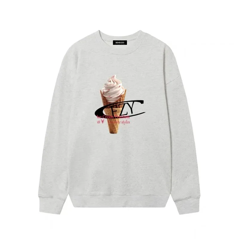 

Desier CFZY Retro Ice Cream Letter Print round Neck Sweatshirt Casual Thin Top for Couples Unisex Comfortable Streetwear