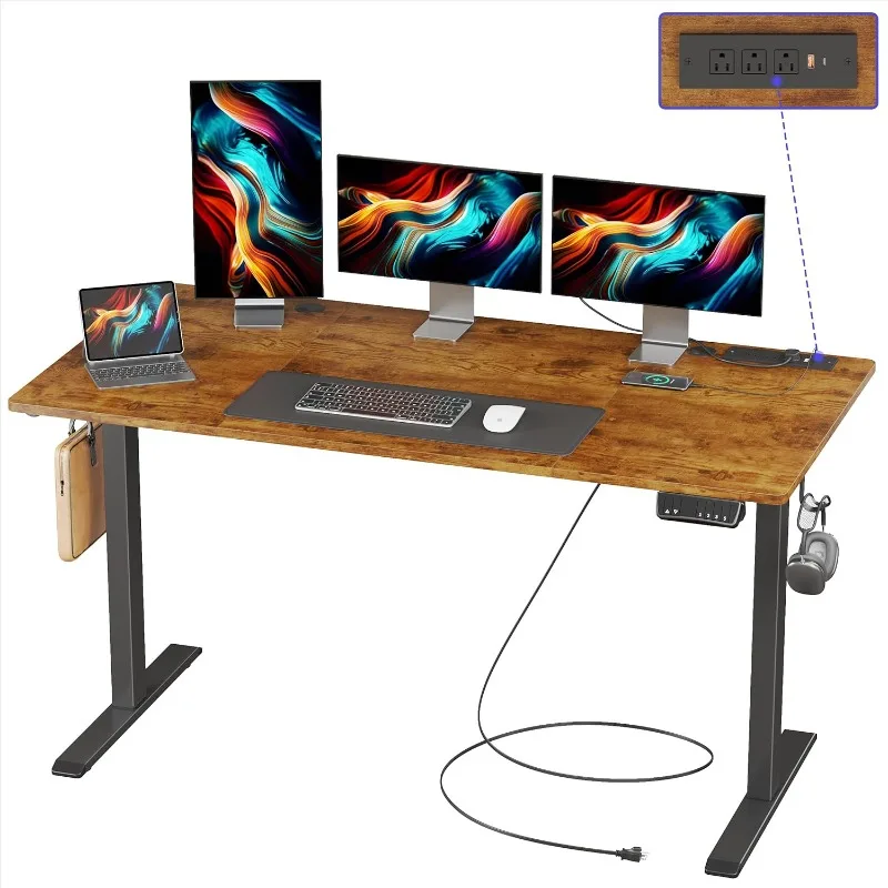 55 x 24 Inches Height Adjustable Electric Standing Desk with 3 AC & USB & Type-C Power Outlets, 4 Memory Heights & Child Lock