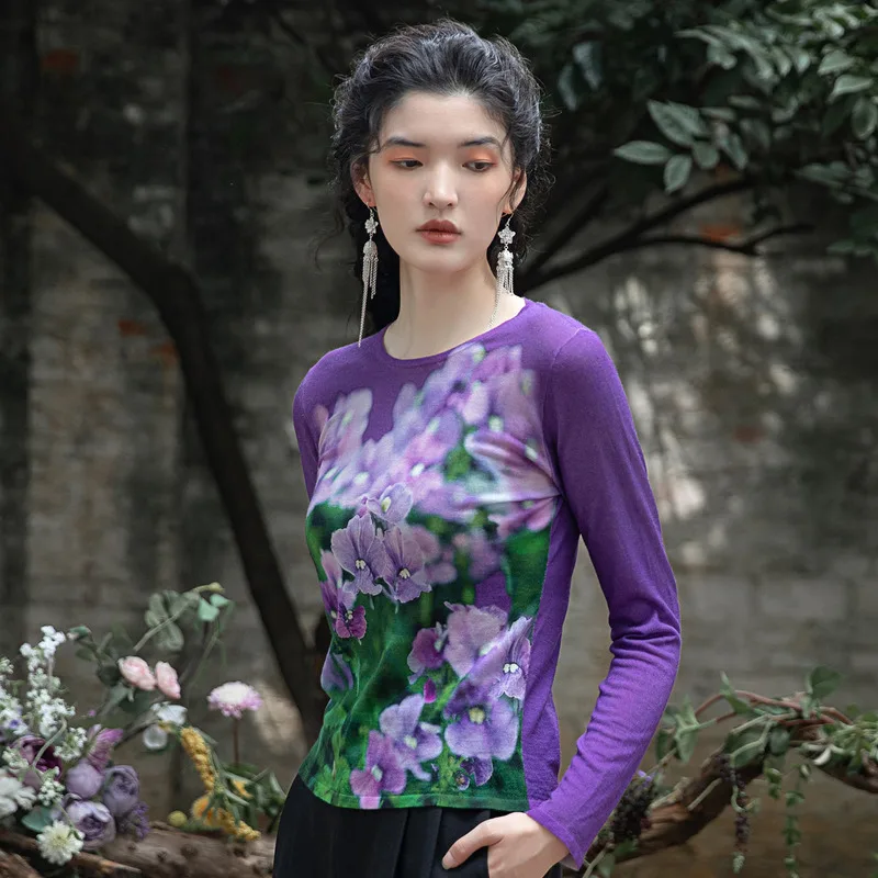 A Life On The Left Women Sweater Long Sleeve Round Neck Original 100% Sheep Wool Flower Printing Warm Purple Knitwear Tops