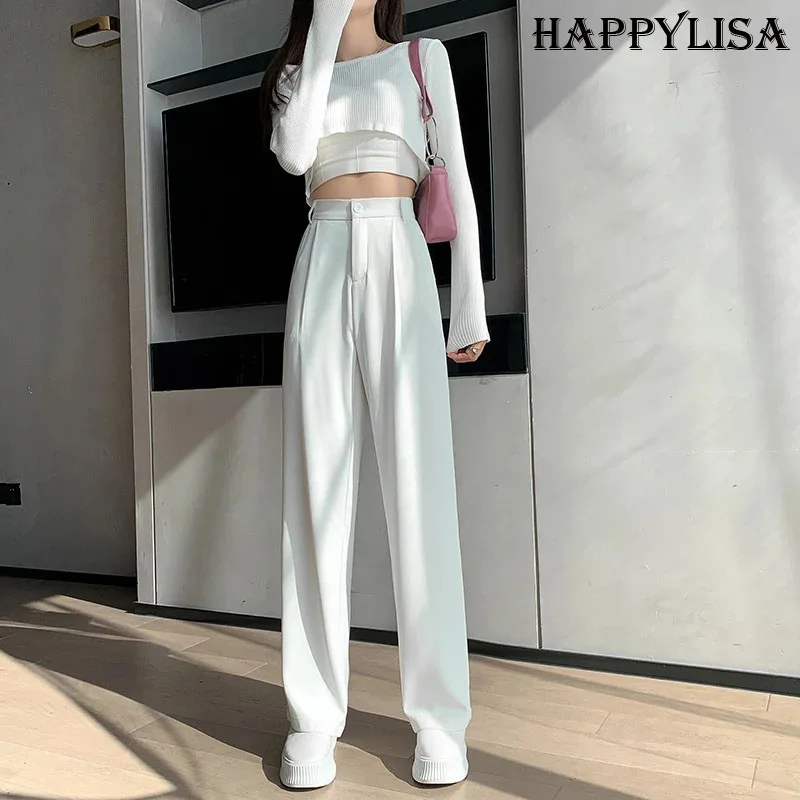 

HappyLisa Spring Autumn Women Long Suit Pants Ladies Wide Leg High Waist Full-Length Loose Pant Female Casual Trousers P04