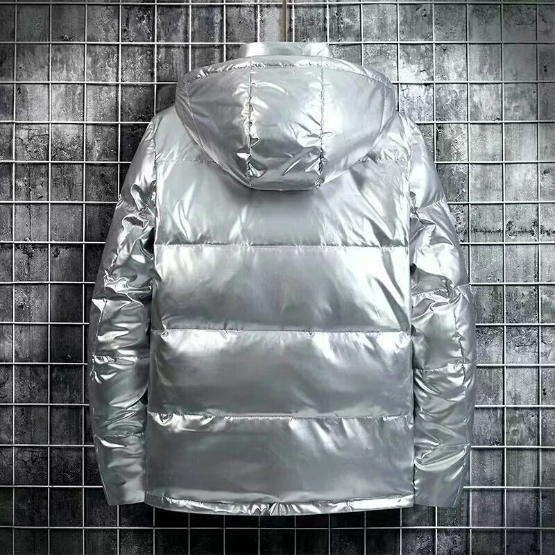 2029 Men Warm Down Jackets Solid Color Black Winter Snow Down Jackets Hooded Zipper Metal Shining Windbreaker Overcoat M-4XL