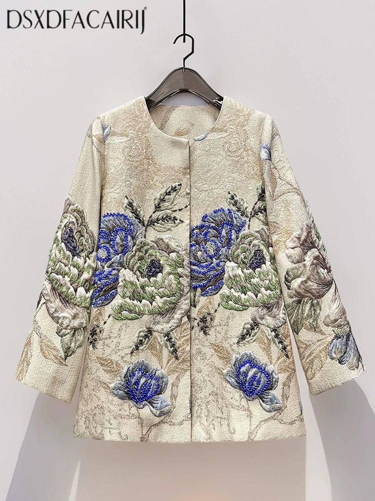 

DSFACAIRIJ Women's Vintage Short Coat O-Neck Long Sleeve Beading Jacquard Outerwear with Pockets Concealed Buttons for Autumn
