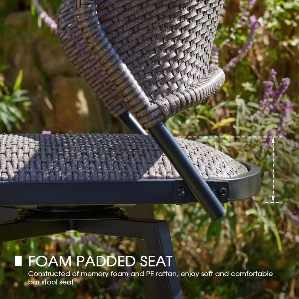 2-Piece Outdoor Wicker Swivel Bar Stools with 35.5 Black Metal Round Patio Table Set