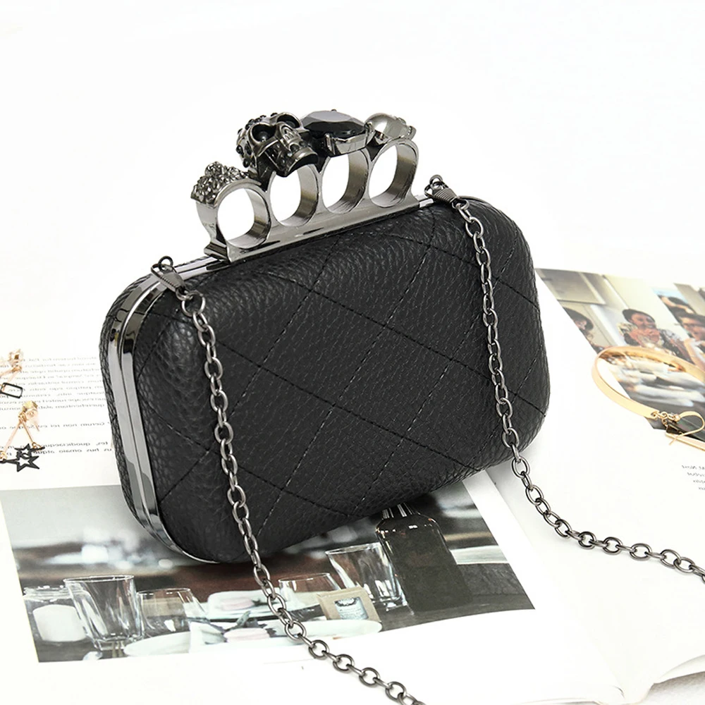 Annmouler Fashion Women Handbag Pu Leather Clutch Bag Skull Finger Bag Diamond Evening Bag Leather Crossbody Bag with Chain