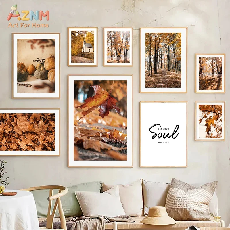 AZNM Retro Autumn Forest Maple Leaf Pumpkin Landscape Canvas Wall Art Soul Inspirational Text Farmhouse Fall Living Room Unframe