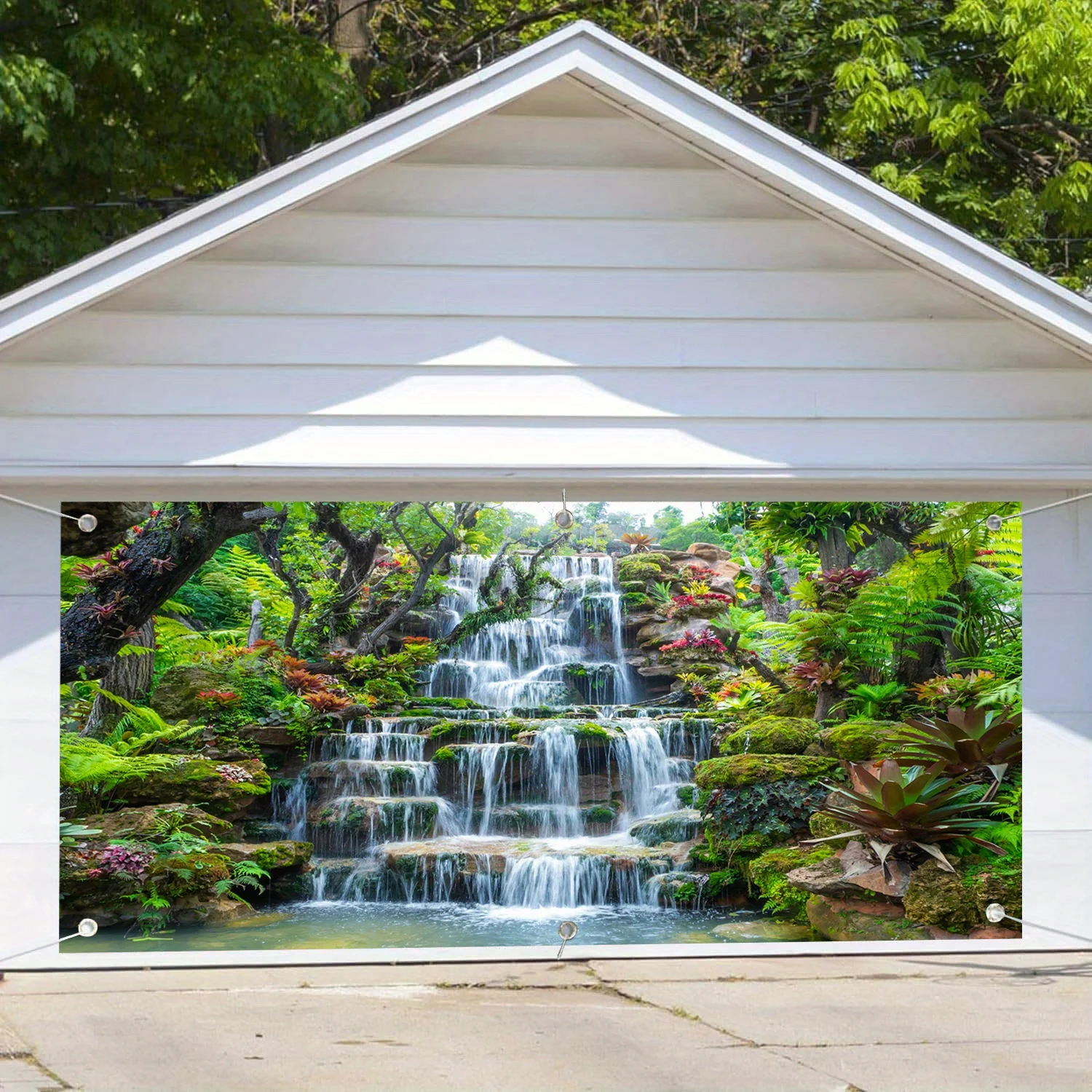 Ein großformatiger dekorativer Hintergrundstoff für Landschaften im Retro-Stil für Frühling und Sommer, Waldwasserfall, Garagentor