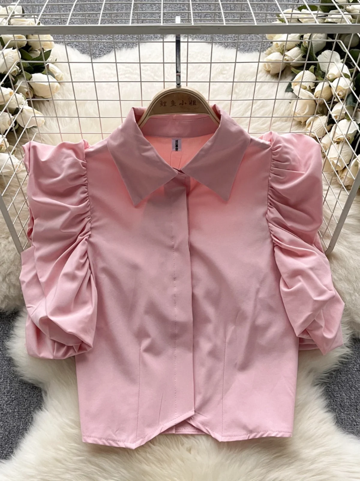 Letnia Nowość Damska Bluzka z Falbankami i Plisami, Krótki Top z Kołnierzykiem, Casualowa, Oddychająca, z Włókna Poliestrowego