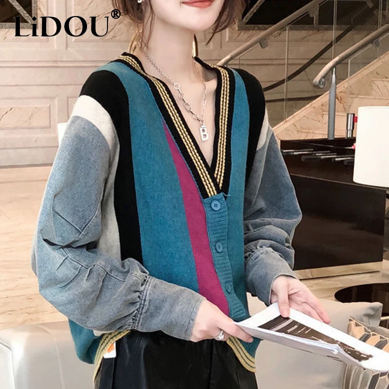 Autumn Winter Y2K Korean Buttons Knitting Patchwork Lady Sweater Denim Casual Elegant All-match Loose Cardigan Coat Top Women