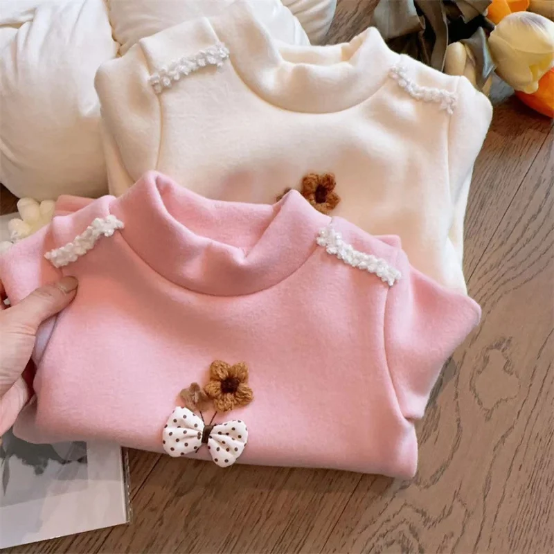 

New Girls' Fleece-Lined Base Shirt Children's Fleece-Lined Warm Knitted Floral Top Half-High Collar CartoonTChildren's T-shirt