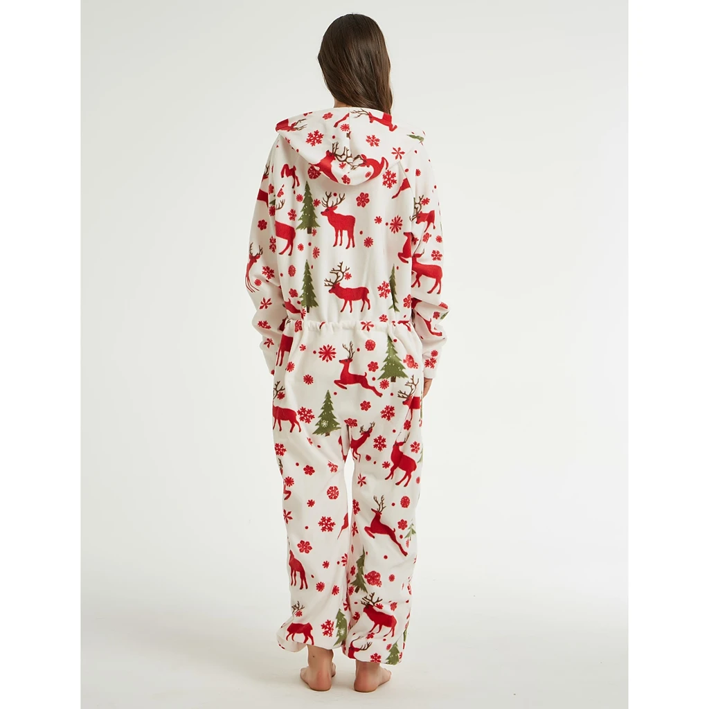 HEZIOWYUN-Pyjama de Noël à Capuche et Fermeture Éclair pour Femme, Combinaison OnE1, Renne/Flocon de Neige Imprimé, Manches sulf, Vêtements de Nuit avec Poches