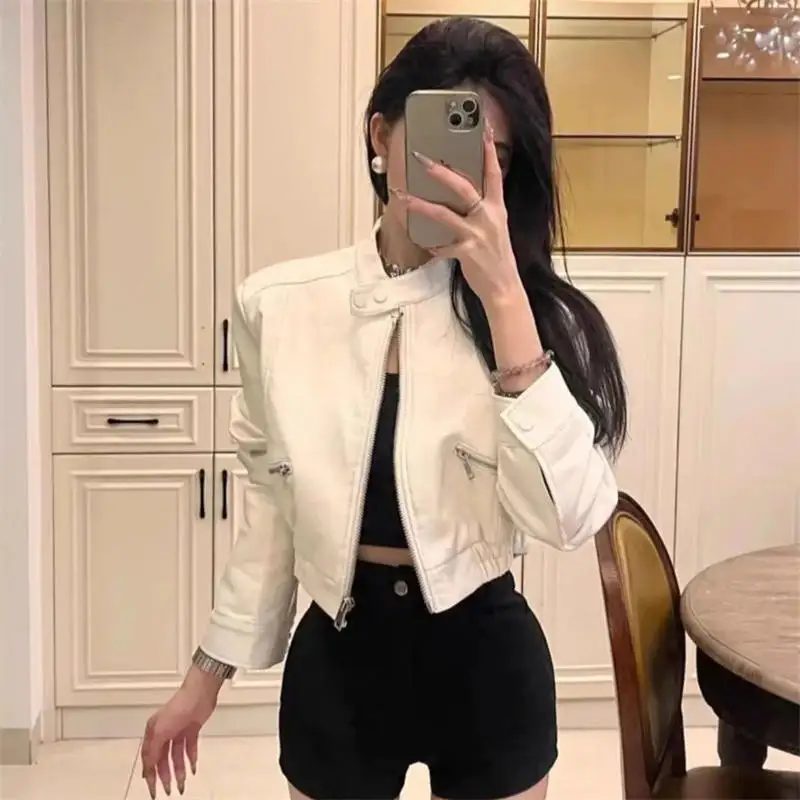 

Short Motorcycle Jacket Women's Leather Outerwear Spring Autumn New Versatile Top High Waist Zipper PU Leather Jacket Female