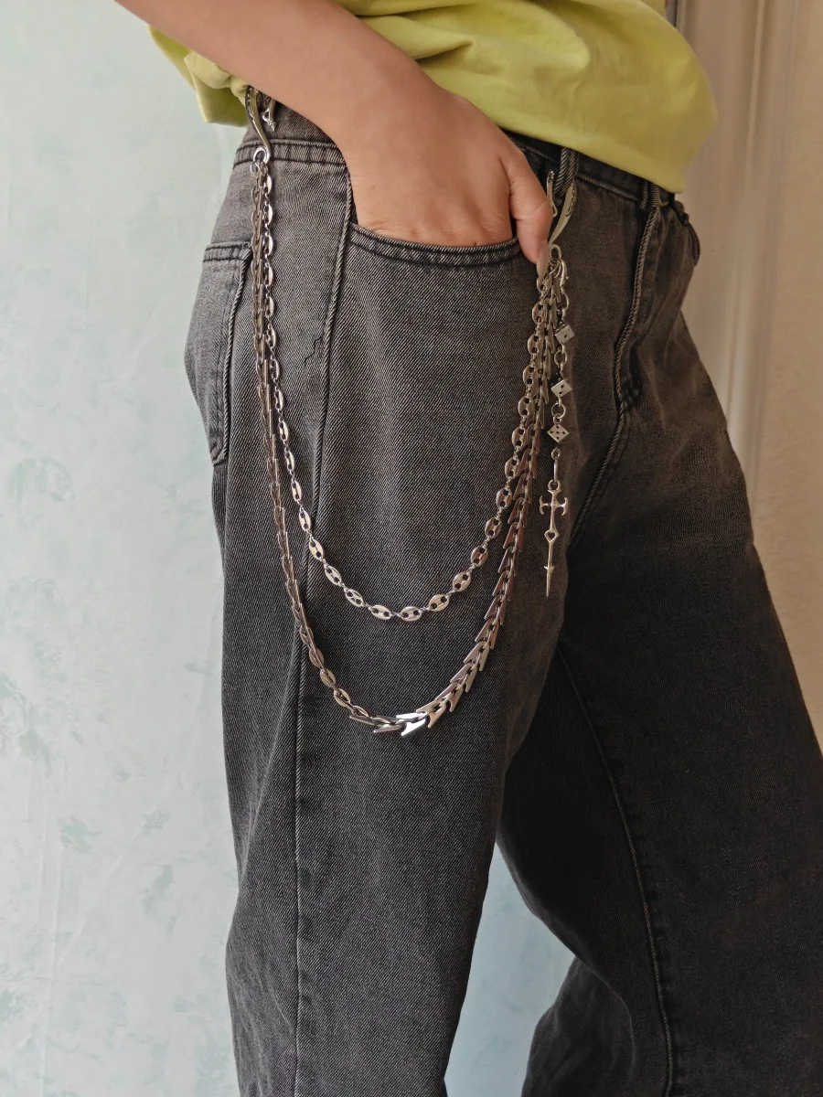 Gothic Street Double Layer Pants Chain, Silver Stainless Steel Fishbone Jean Chain, Unisex Dice Sword Charm Punk Wallet Chain