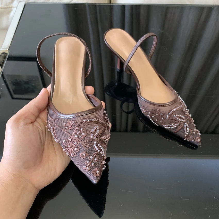 Summer Pointed Toe Mesh Embroider High Heels for ladies Elegant String Bead pumps Sexy Luxury Designer Shoe Brown Heeled Sandals view 5