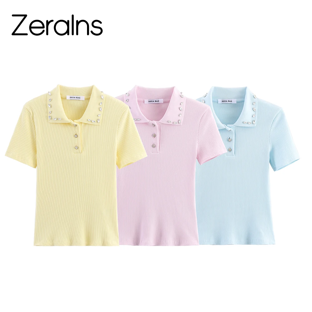 ZERAINS 2025 Herbst neue Damenbekleidung süßes und modisches Schmuckkragen geripptes Poloshirt gestricktes T-Shirt