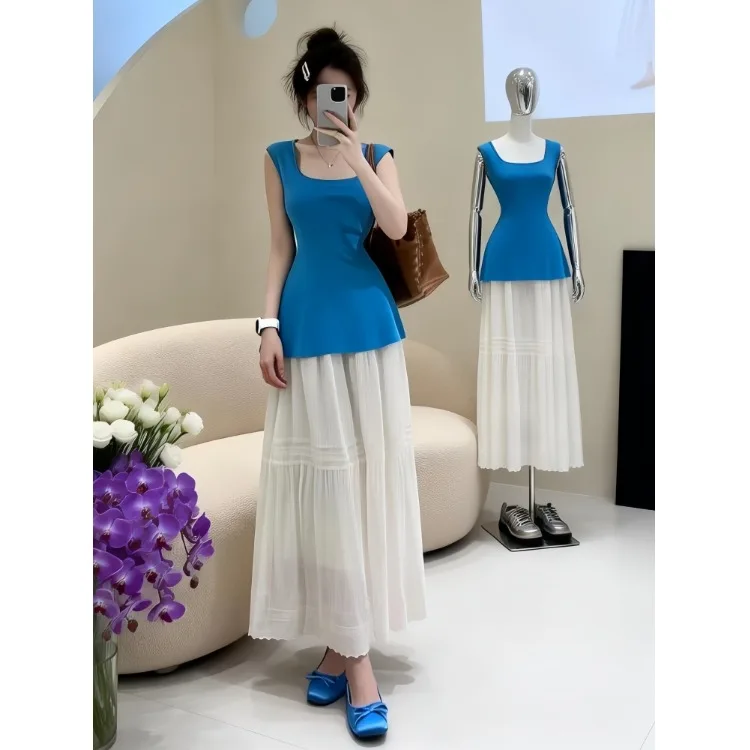 

Casual Knitted High Waist Two-Piece Set Women's Summer Fashion Breathable Pure Color Sleeveless Top And Cake Skirt Ensemble