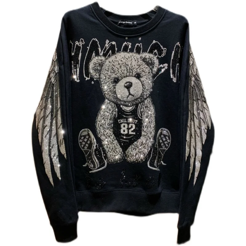 Sweats à capuche en coton à manches longues pour hommes et femmes, pulls noirs, haut streetwear, sweat-shirt à col rond, ailes d'ours en biscuits