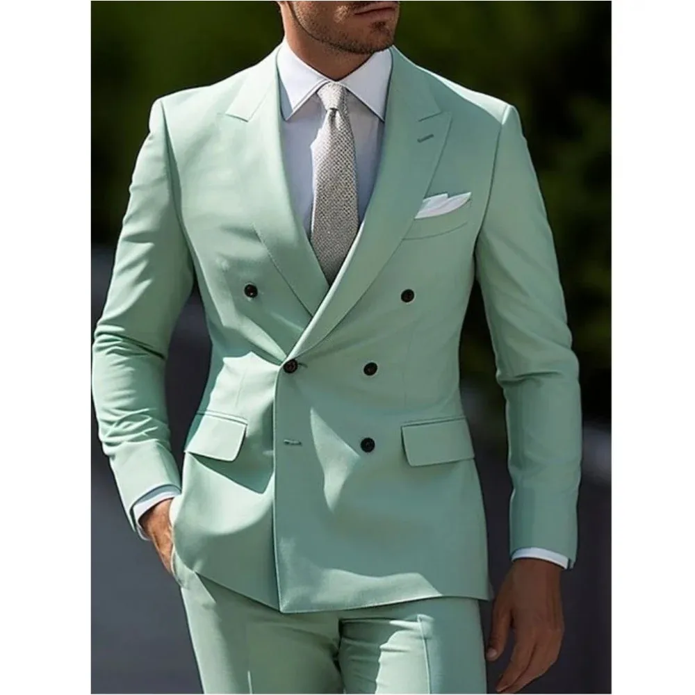 

Double Breasted Men Suits 2 Pieces Mint Green Elegant Blazer Sets Wedding Groom Party Dress Formal Bespoke Male Clothing