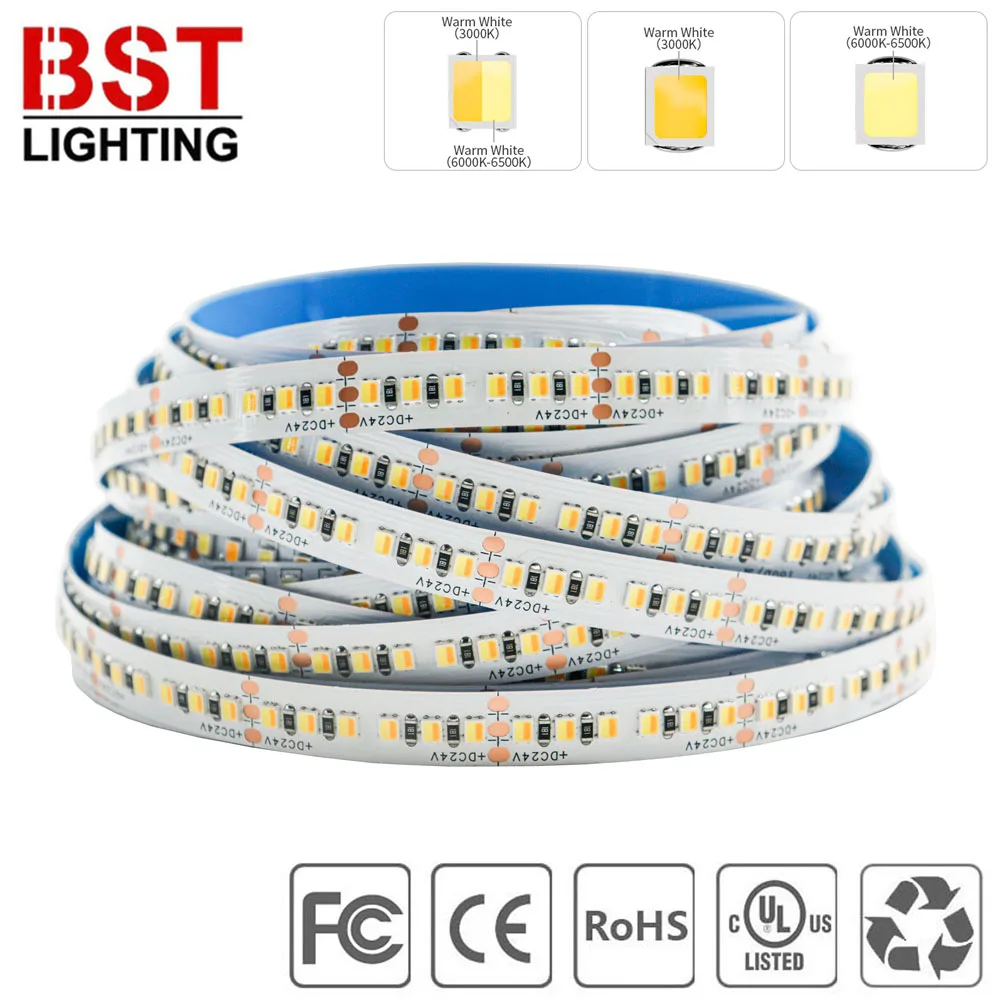 

5M 2835 Dual Color LED Strip Light 120 180 240 336 LEDs/M 5MM 8MM 10MM 12MM Wide PCB Flexible CRI Dimmable CCT Bar Lamp DC12/24V