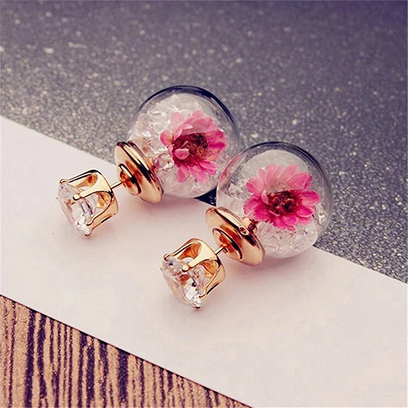 1Pair Stud Crystal Ear Fashion Cute Girls Elegant Ear Stud Three Rose Flowers Glass Ball Double Sides Jewelry Earring Set