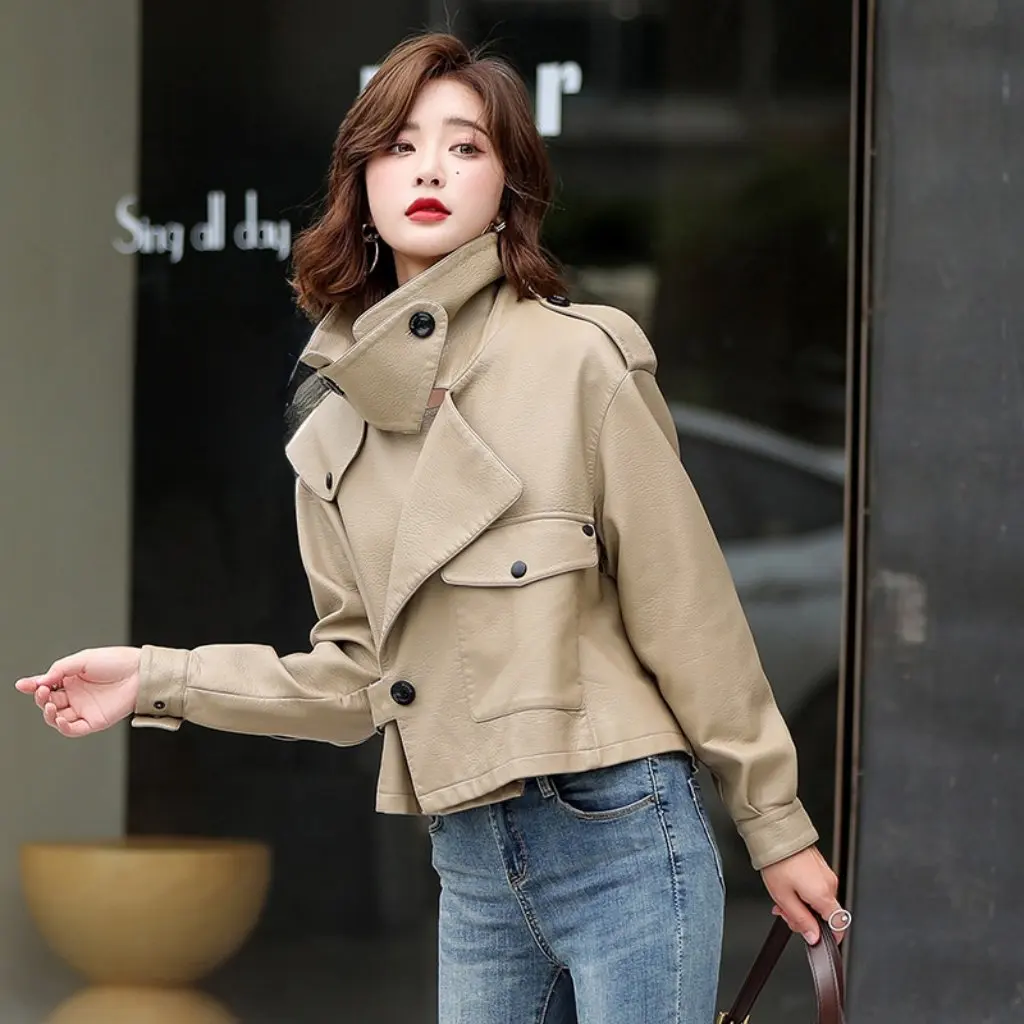 Kafu Landi Jaqueta de couro feminina estilo coreano outono/inverno casaco PU Jiang Shuying Textura 7009 Padrão