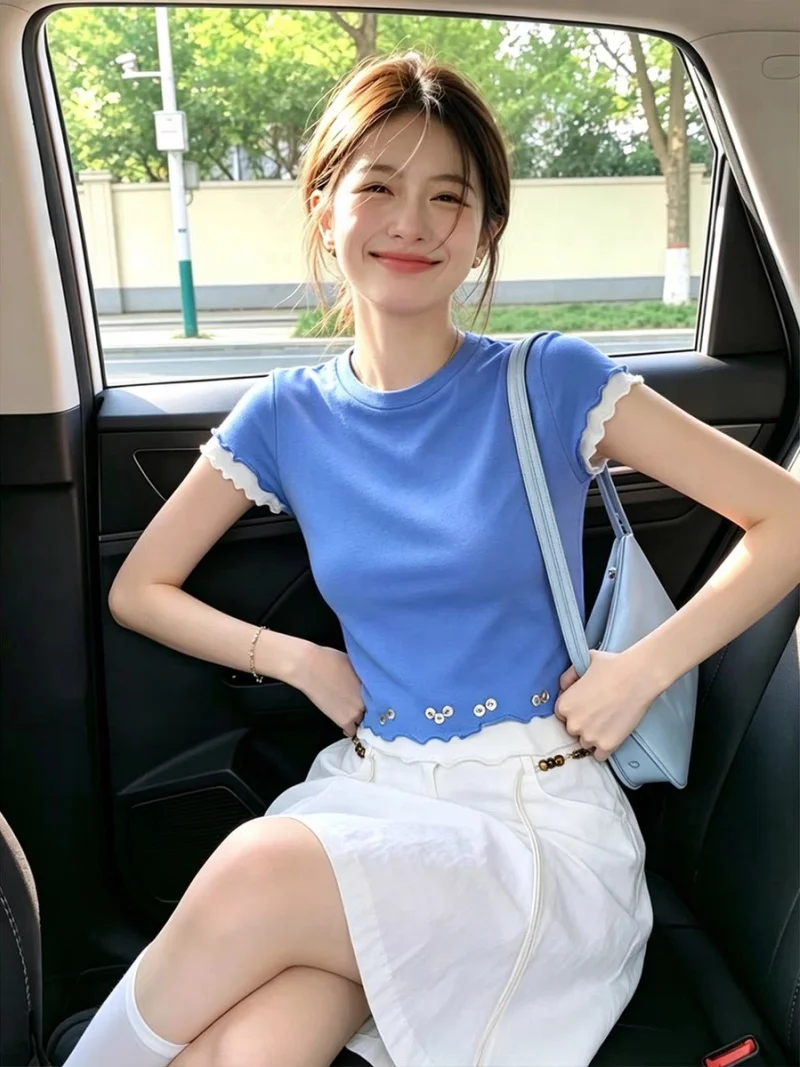 Unique Style Short Sleeve T-Shirt Women's Summer New Unique Match All over Print Ear Look Fake Two-Piece Self-Reserve Item view 2