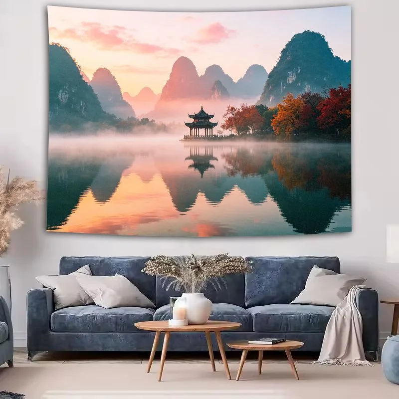 Tapisserie naturelle VIKAMA, scène de coucher de soleil 3D avec lac et montagne, décoration murale pour chambres et salons