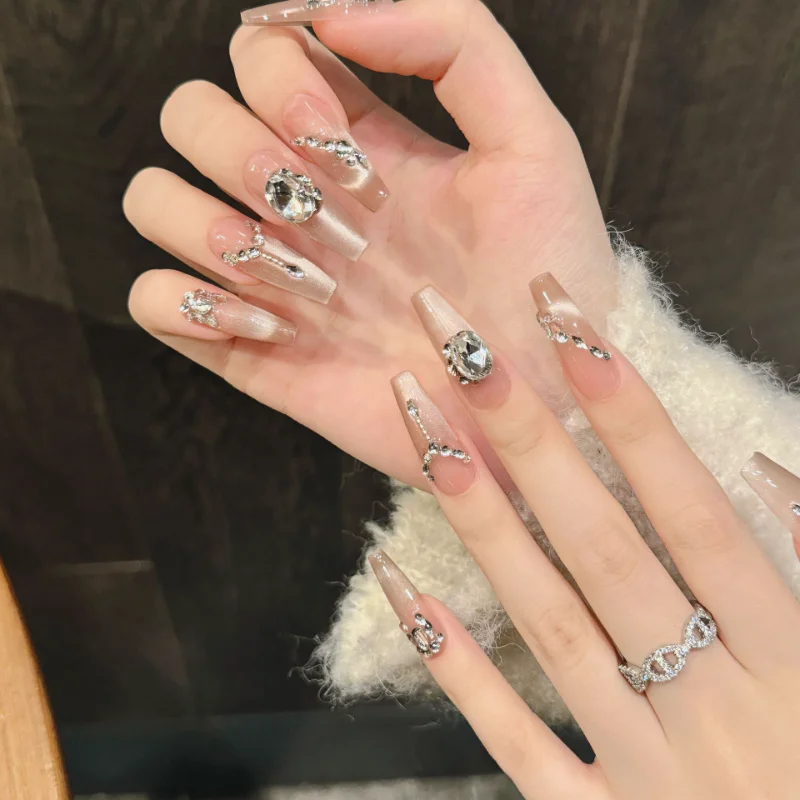 10pcs 수제 네일 아트 고양이 눈 가짜 손톱 접착제 라인 석 거짓 손톱 긴 매니큐어 발레 프레스 디자인 2025 손톱에