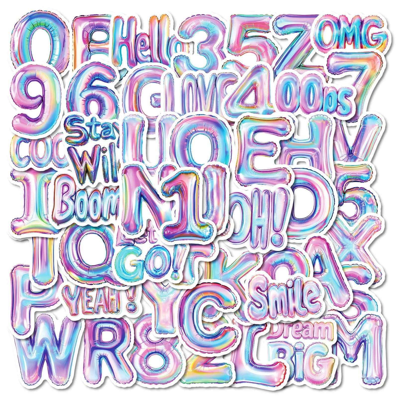 50Pcs English Letters Numbers Colorful Aluminum Film Balloon Stickers Tablet Phone Case Decoration Waterproof Decals