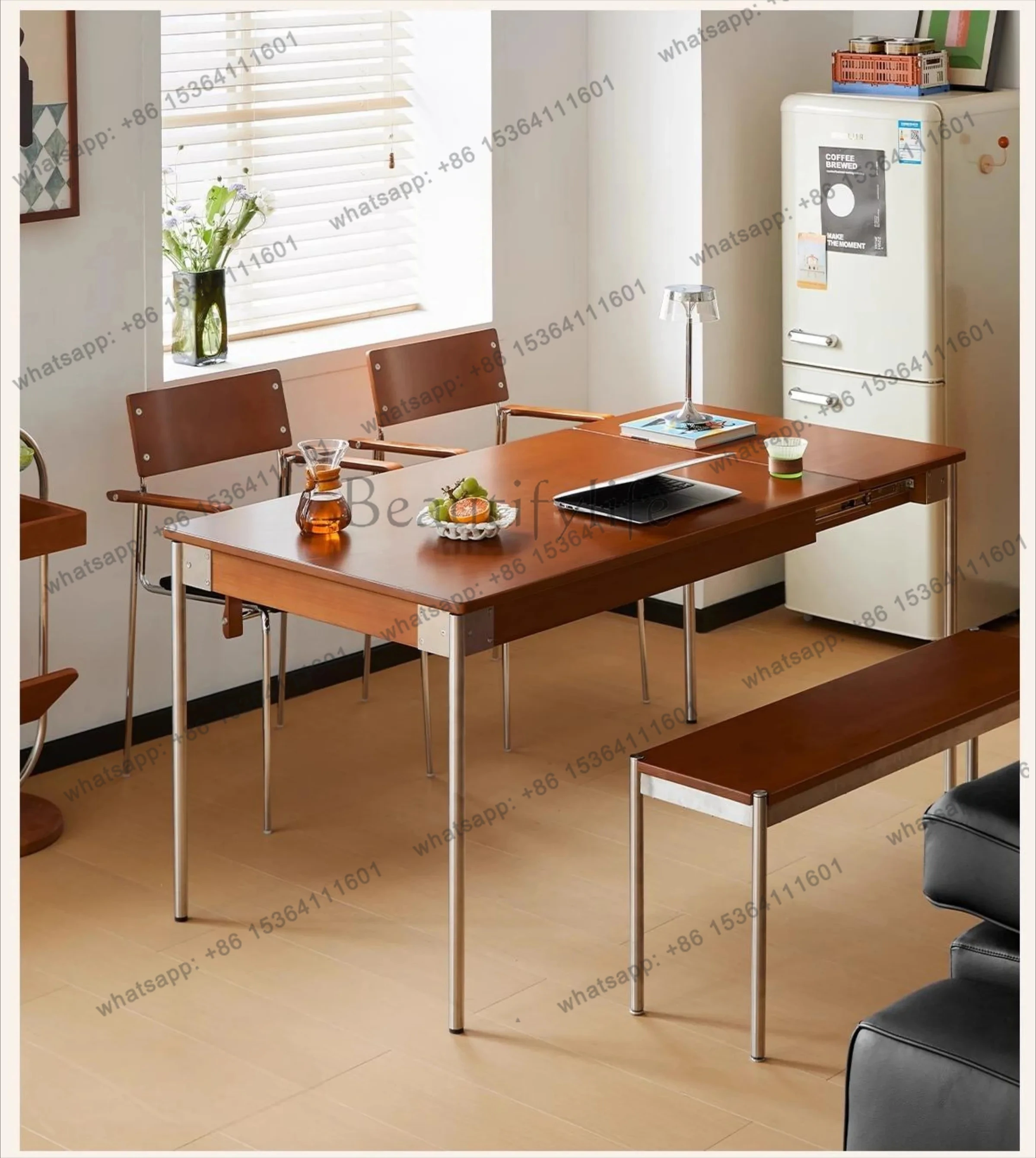 Medieval Retractable Solid Wood Dining Table Folding Mobile Rectangular Eating Desk