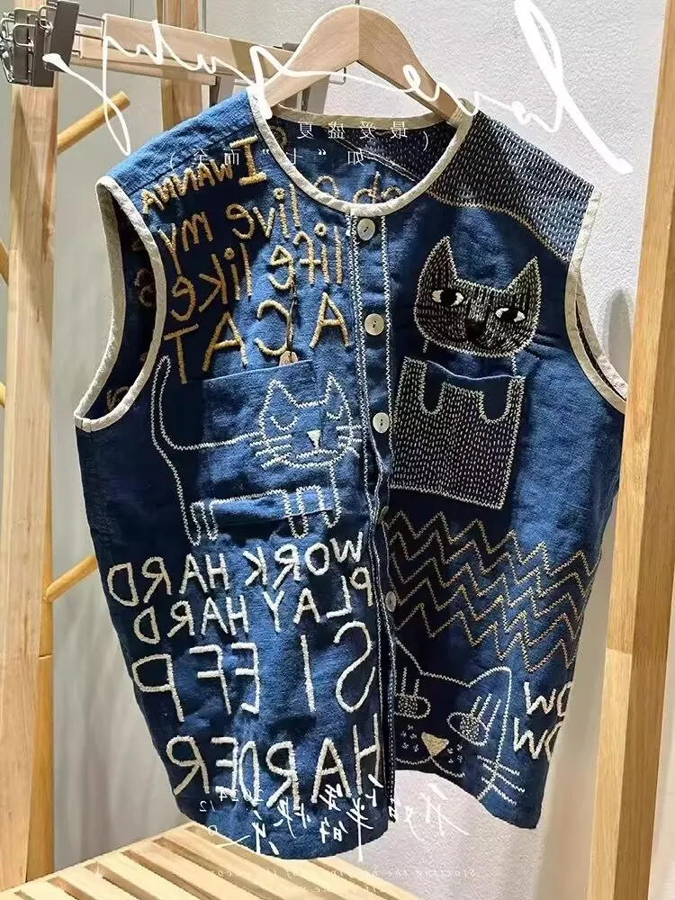 

Vinatge Cute Cat Embroidery Denim Vest Women Spring Autumn Sleeveless Jeans Waistcoat Elegant Jacket Veste Femme
