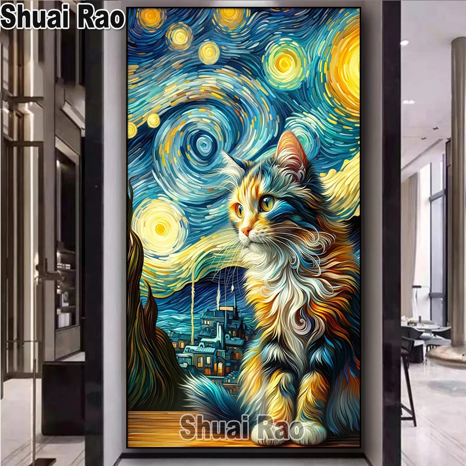 Van Gogh's Starry Sky Cat And Dog Diamond Painting Cross Stritch Landscape Diy Full Diamond Embroidery Mosaic Pattern Handmade