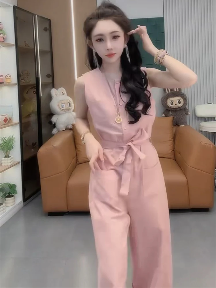 韓国風おしゃれなモノキニ、2025年夏デザイン、ワイドレッグパンツ、ウエストシェイプ、スリム、無地、ハイウエストロングパンツ