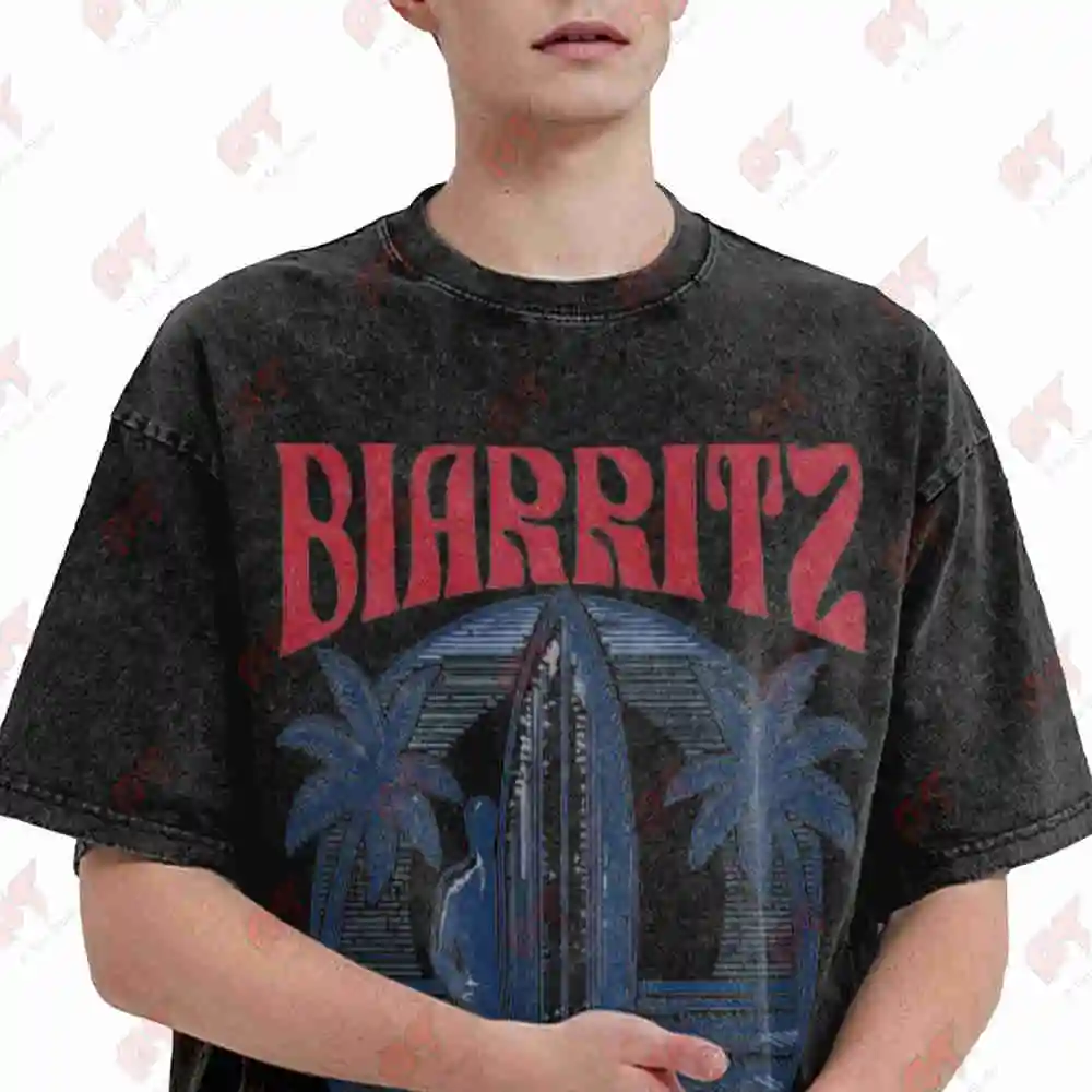 Surfing Biarritz France Beach Vacation Vintage Washed Tee Pure Cotton T-Shirt