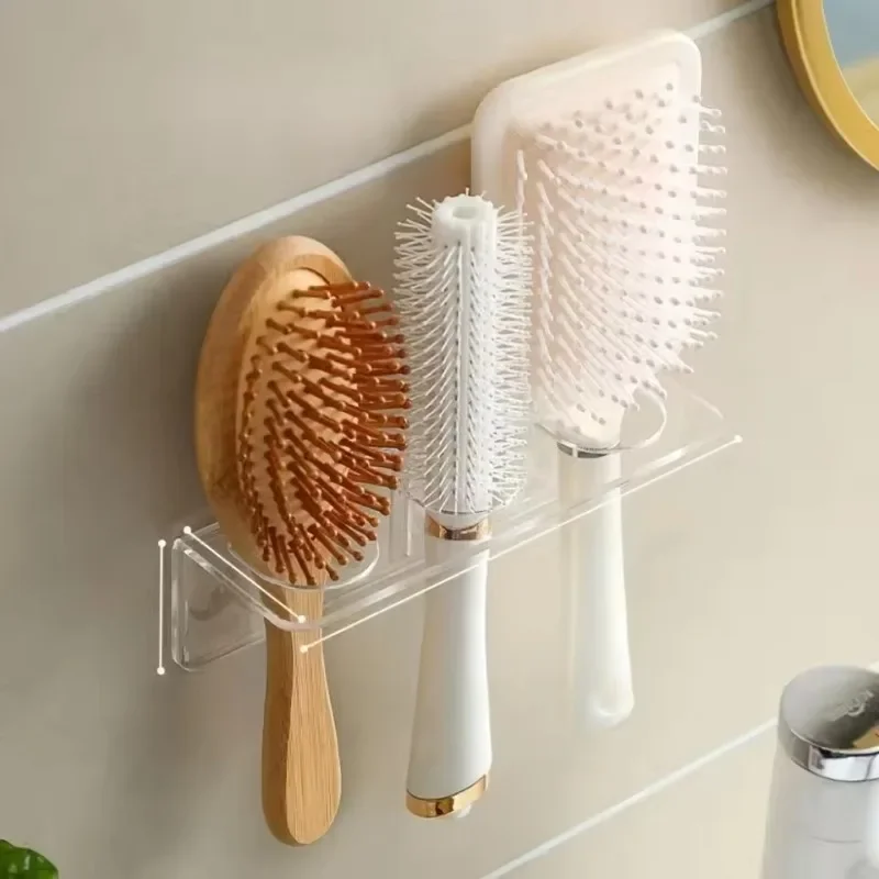 Soporte de peine acrílico, estante de almacenamiento organizador, estante transparente para cepillos de pelo montado en la pared, accesorios de baño, estantes para el hogar