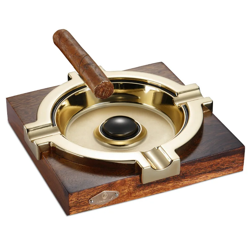 

Luxury Merbau Wood Cigar Ashtray with Gold-Plated Grooves | Oversized Metal & Wood Design