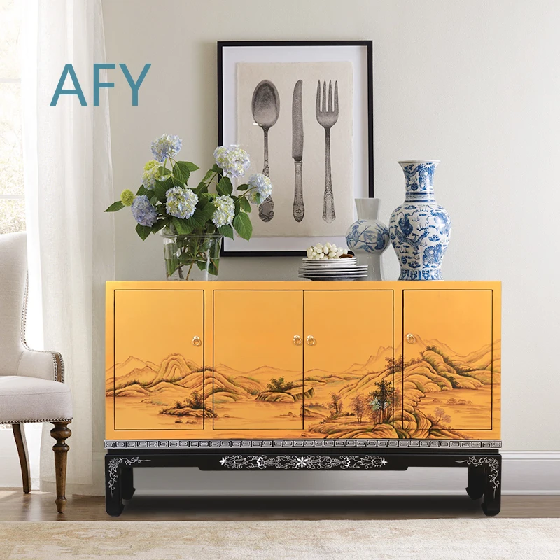 New Chinese Style Buffet Cabinet for Wall Mounted Tea Station Solid Wood Painted Entryway Console for American Living Room
