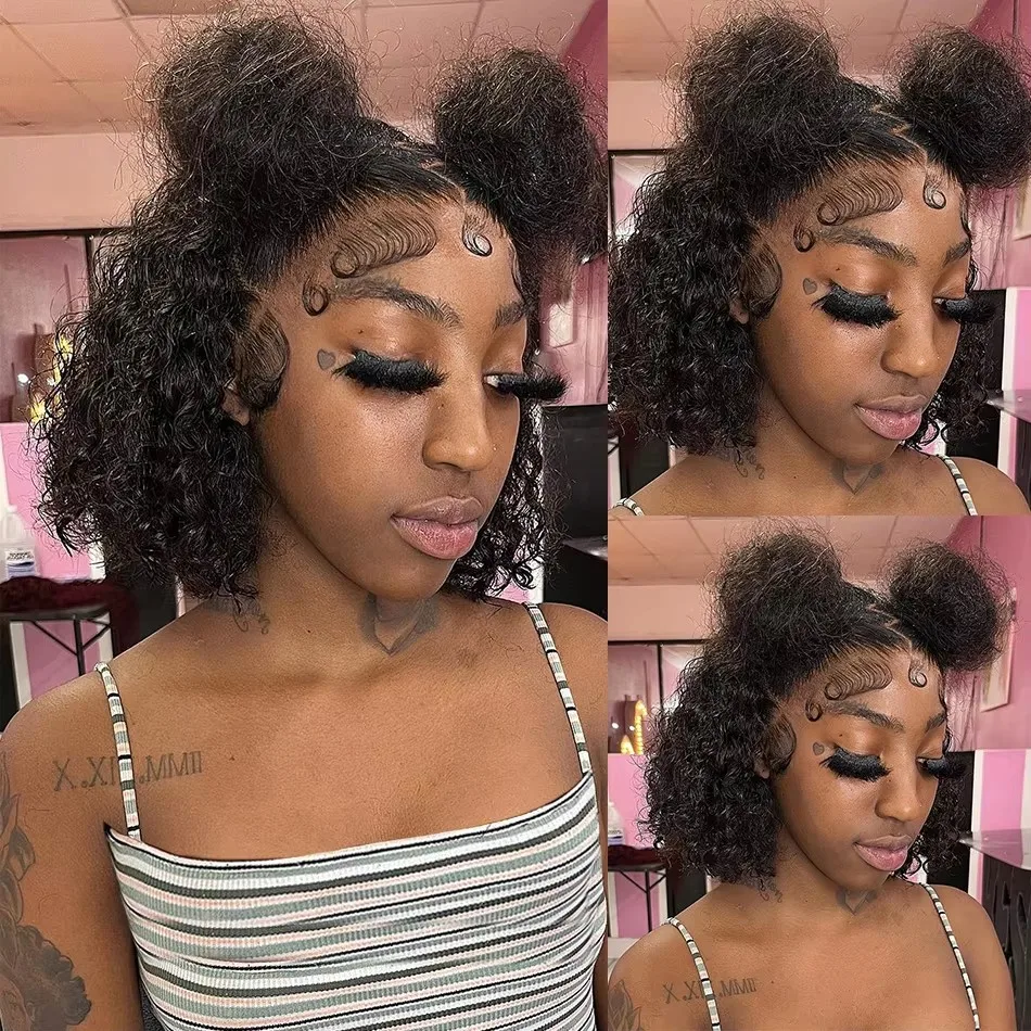 Perucas de Cabelo Humano Cacheado Ondulado de 16 Polegadas, Perucas Frontais de Renda Transparente 13x4, Perucas Bob Curtas de Cabelo Humano Brasileiro com Ondas Profundas, Perucas de Cabelo Humano com Fechamento de Renda 4x4 para Mulheres
