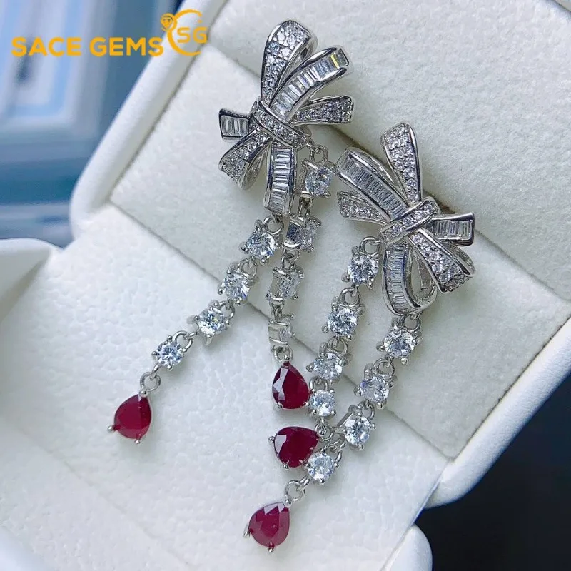 

SACE GEMS Fashion Ear Clip for Women 925 Sterling Silver 4*5MM Natural Ruby Stud Earrings Wedding Party Fine Jewelry Gift