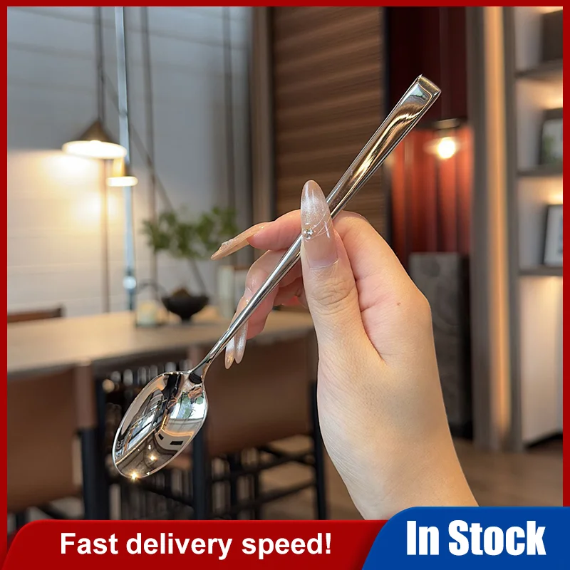 1Pc Stainless Steel Spoon Korean Long Handle Tableware Thicken Stirring Ice Spoon Meal Spoon Household Dinner Spoon