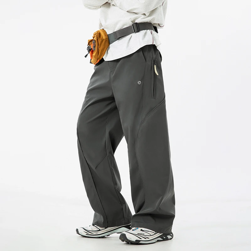 

TFETTERS Autumn New Zipper Pocket Men Pants Drawstring Elastic Waist Pants Men Fashion Stitching Design Trouser for Men Clothes