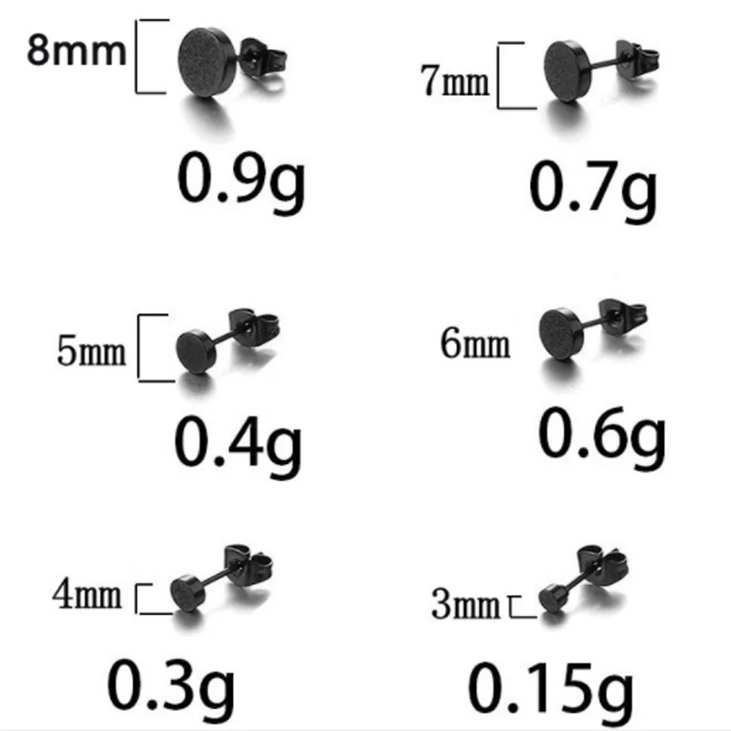 1/6 Pairs Of Round Earrings Set Punk Fashion Stainless Steel Hypoallergenic Matte Matte Black 3mm-8mm For Men Women