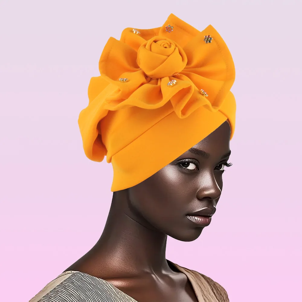 2025 Trendy Women Big Flower Turban Hat Fashion Muslim Hijab Caps Beads Head Wrap Bonnet Bandana Chemo Cap African Headties Hats