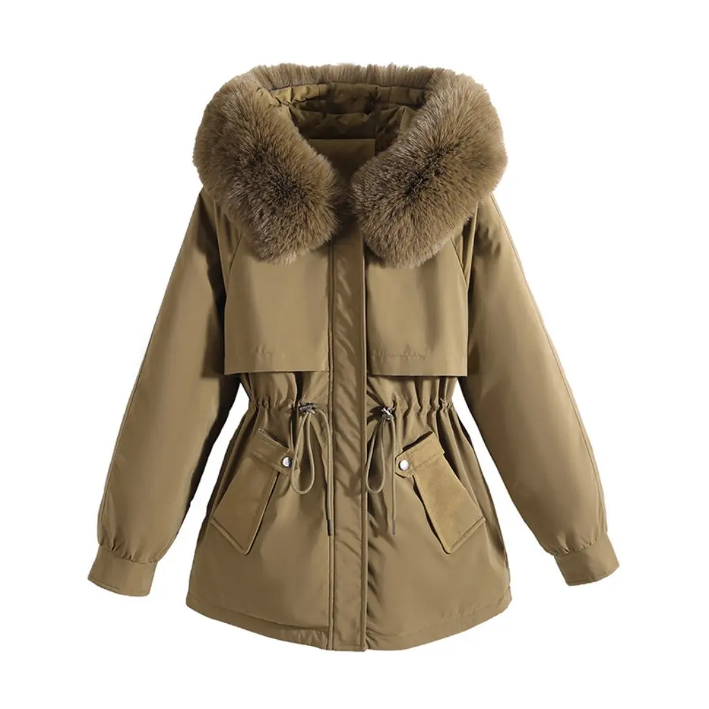 

Women's Large Fur Collar Parka Jacket Mid-Length Korean Style Waist-Cinching Cotton Coat Fleece Lined down Cotton Jacket