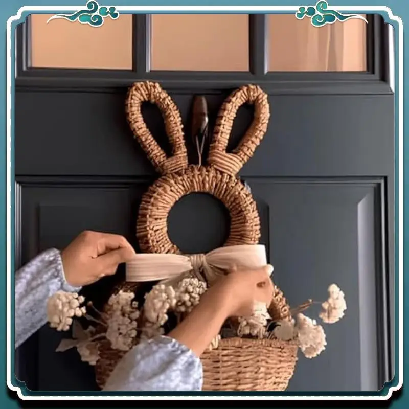 

Premium Bunny Basket Hanging Wall Pocket Spring Decor, Hand Woven Wicker Easter Bunny Basket Wall Pocket,For Decorations