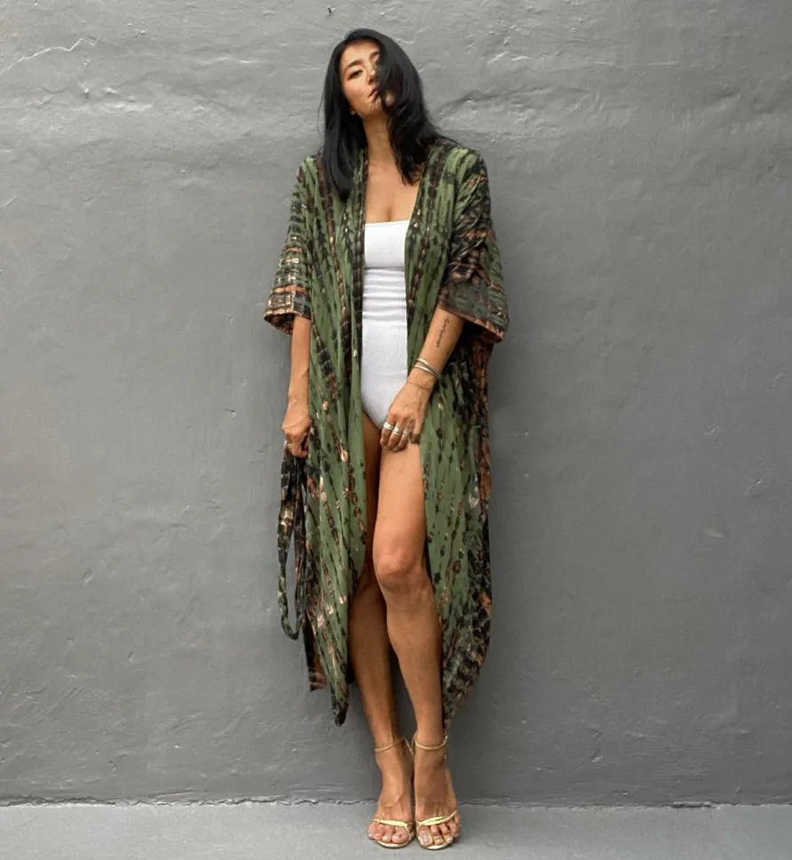 Plus Size Boho Cover Up, damska Plus nadruk zwierzęta rękaw w kształcie skrzydła nietoperza dekolt z dekoltem w szpic luźna, z wycięciem sukienka